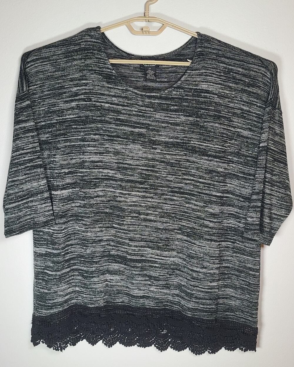 Shannon Ford New York Womens Marbled Knit Tunic Crochet Lace Hem 3/4 Sl 2X Plus